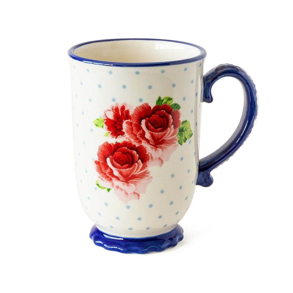 Pioneer Woman Heritage Floral Footed Mug Cup 18oz Blue White Red Rose Stoneware
